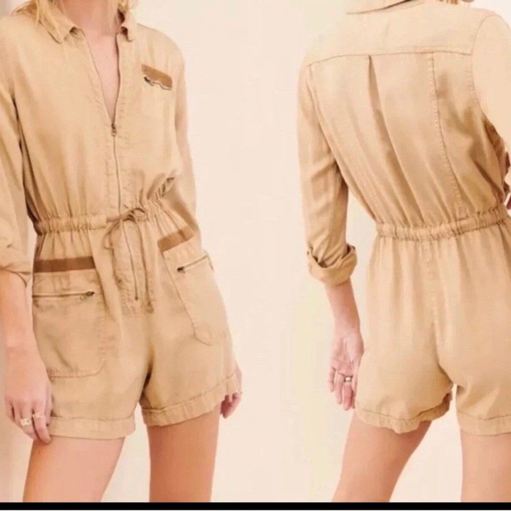Anthropologie Women’s Ivy Utility Romper Shorts Khaki Tan Jumpsuit Size XL